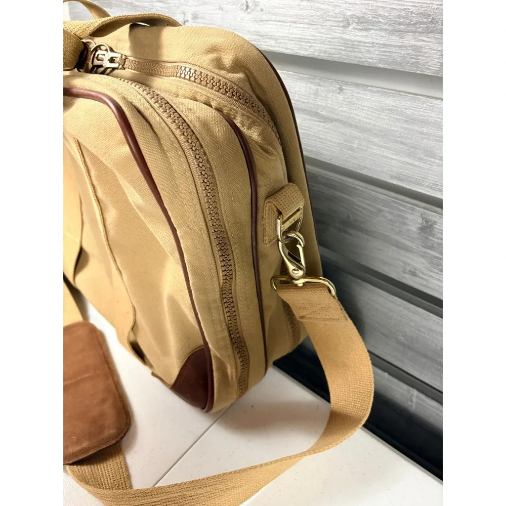 Vintage Lands' End Duffle Bag Canvas Leather USA Made Strap Beige